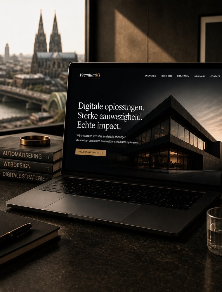 Werkplek met een website-ontwerp en uitzicht over Keulen