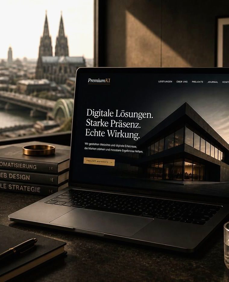 Arbeitsplatz mit Website-Entwurf und Blick über Köln